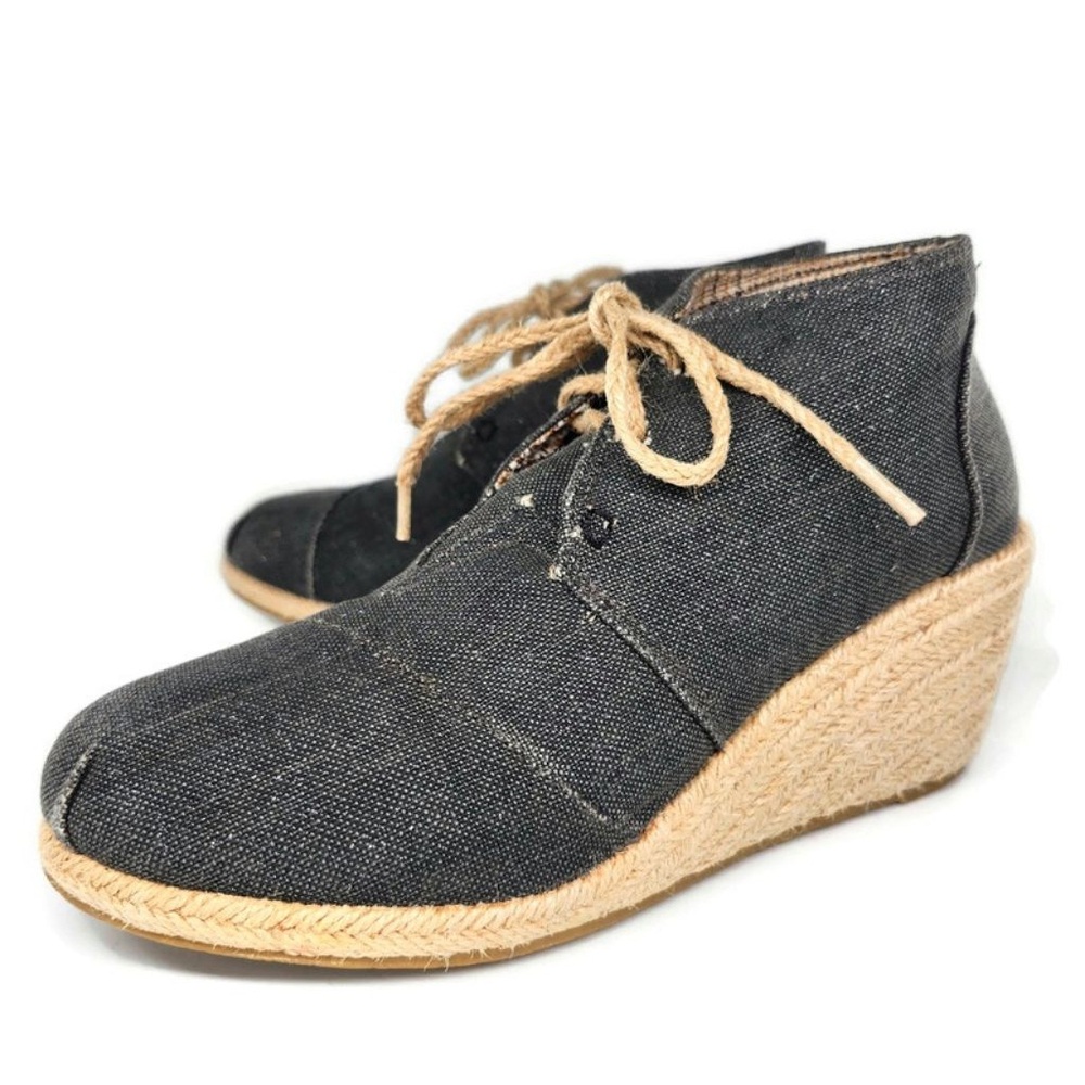Corkys Sand Faded Black Sparkle Canvas Woven Jute Wedge Lace-Up Ankle Booties